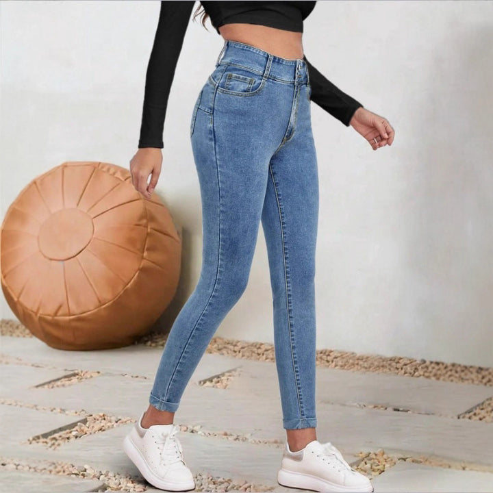 Women High-Waisted Sculpting Skinny Jeans with Double Button and Cuff Detail Mune Fashion
