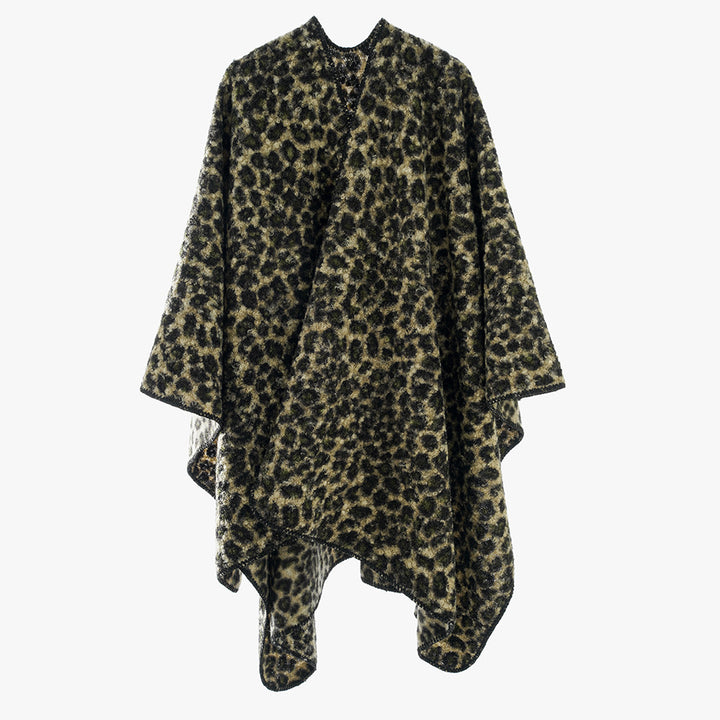 Women's Rectangular Wrap Ruana with Leopard Boucle and Fine Overlock Edging Mune Fashion