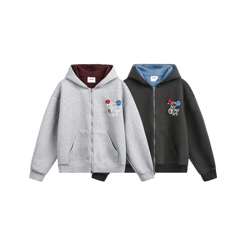 Unisex Hooded Sweat Jacket with Print Badges and Two-Way Zipper Mune Fashion