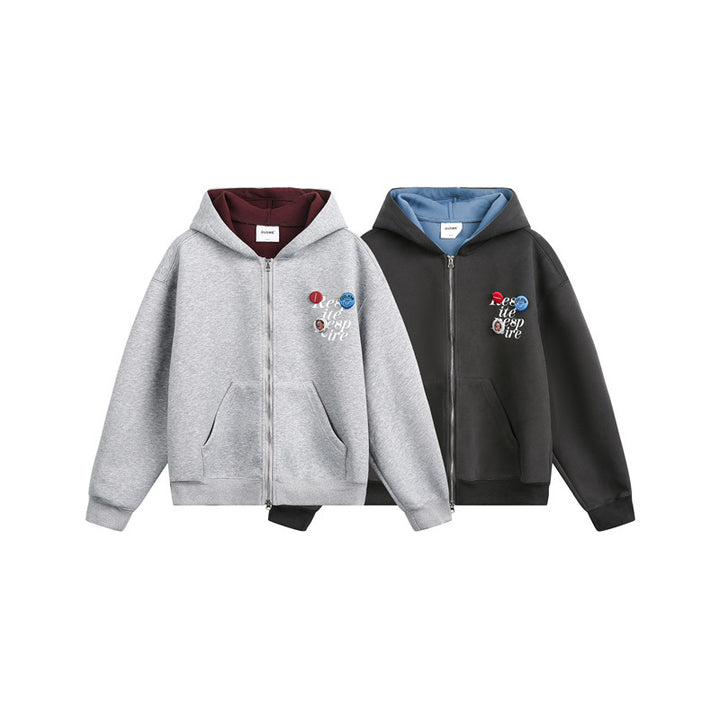 Unisex Hooded Sweat Jacket with Print Badges and Two-Way Zipper Mune Fashion