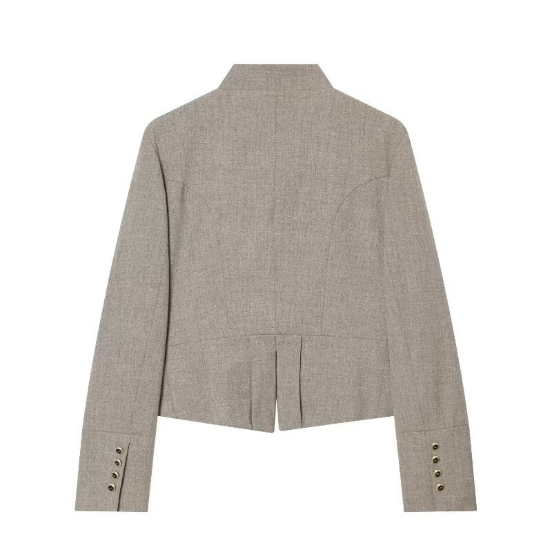Ladies short blazer in military style with stand-up collar, double-breasted decorative button placket and tailored silhouette Mune Fashion