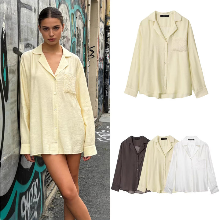 Women's Loose Satin Shirt with Notched Collar and Embroidered Chest Pocket Mune Fashion