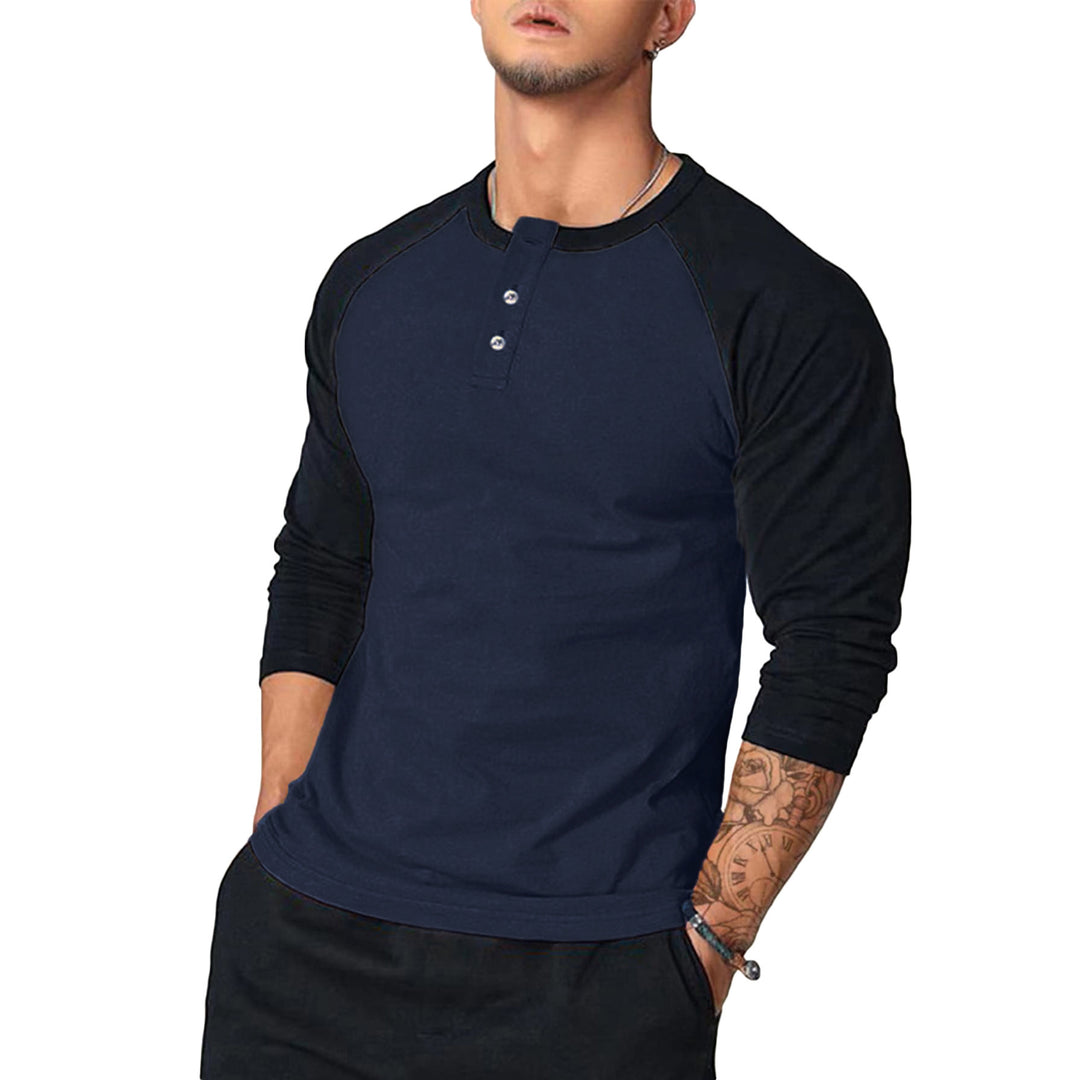 Men's Casual Long Sleeve Henley Shirt with Contrast Sleeves Mune Fashion