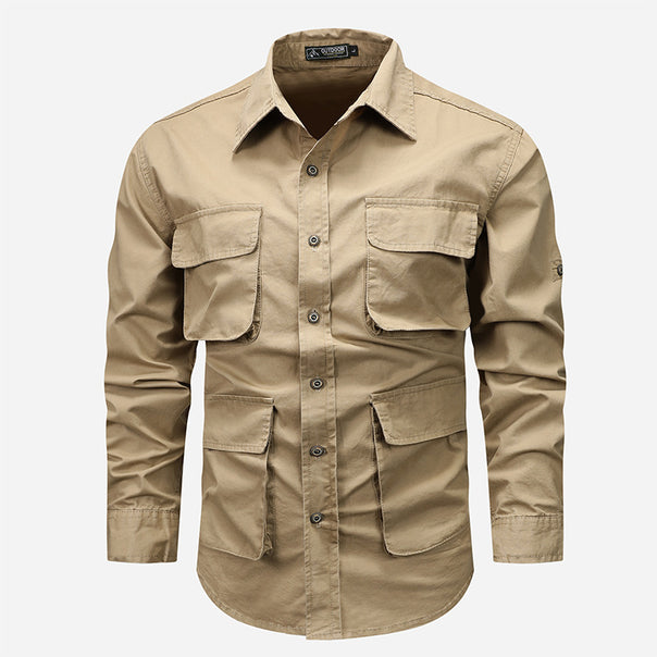 Men's urban field shirt with reinforced seams, concealed button placket, and multiple patch flap pockets.