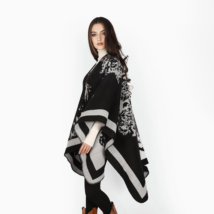 Women's Oversize Jacquard Cape made of wool blend with abstract floral pattern Mune Fashion