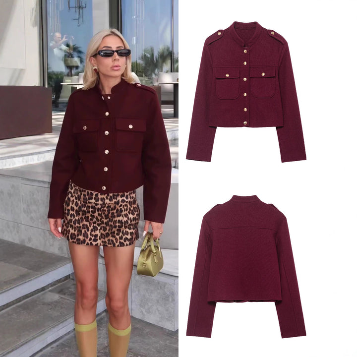 Women's Short Cut Military Inspired Wool Jacket with Stand-Up Collar, Epaulettes and Gold Button Details Mune Fashion