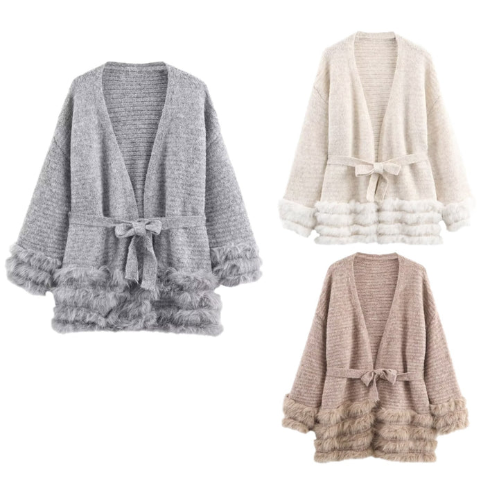 Women's Knit Cardigan with Tie Belt and Faux Fur Trim Mune Fashion