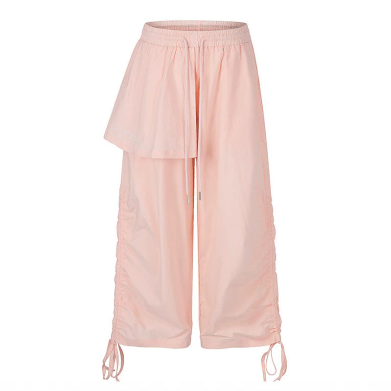Women Wide Capri Pants with Drawstring, Side Gather and Asymmetrical Overlay Mune Fashion