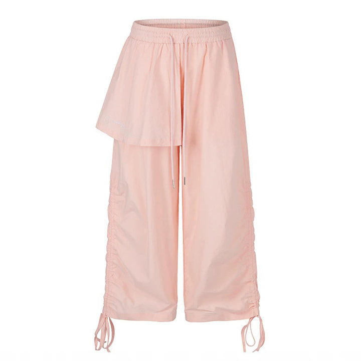 Women Wide Capri Pants with Drawstring, Side Gather and Asymmetrical Overlay Mune Fashion