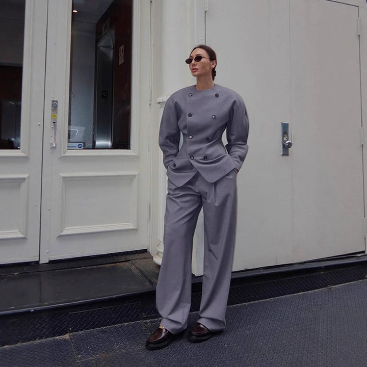 Women's Tailored Double-Breasted Blazer with Asymmetric Closure and Pleated Pants Mune Fashion