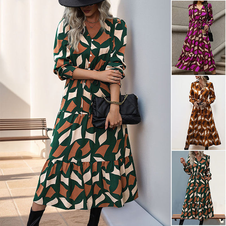 Women's Long Tiered Maxi Dress with Graphic Print, V-Neck, Drawstring Waist and Gathered Cuffs Mune Fashion