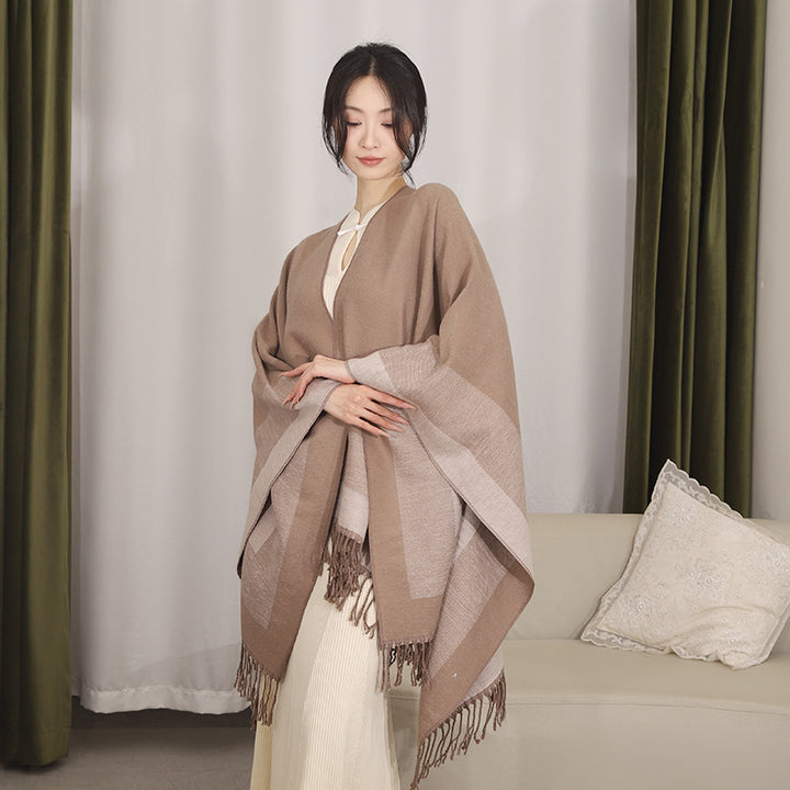 Women's Rectangular Wool Blend Poncho with Open Front, Fine Overlock Stitching and Fringed Hem Mune Fashion