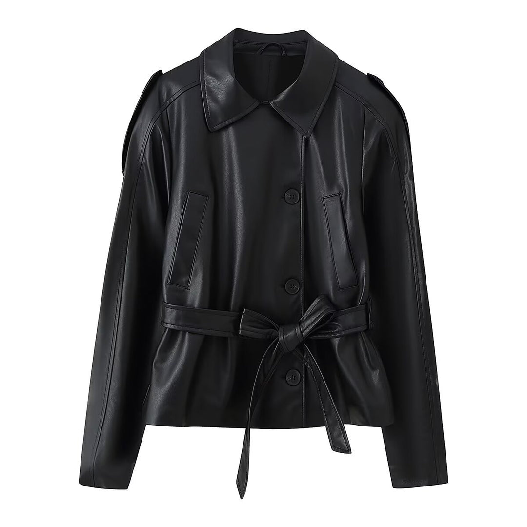 Women's Short Tailored Faux Leather Jacket with Ties and Shirt Collar Mune Fashion