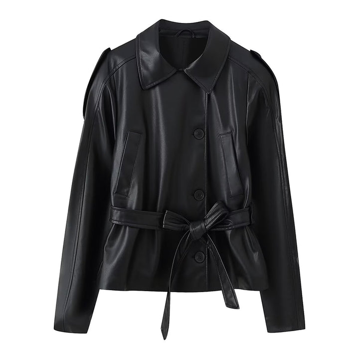 Women's Short Tailored Faux Leather Jacket with Ties and Shirt Collar Mune Fashion