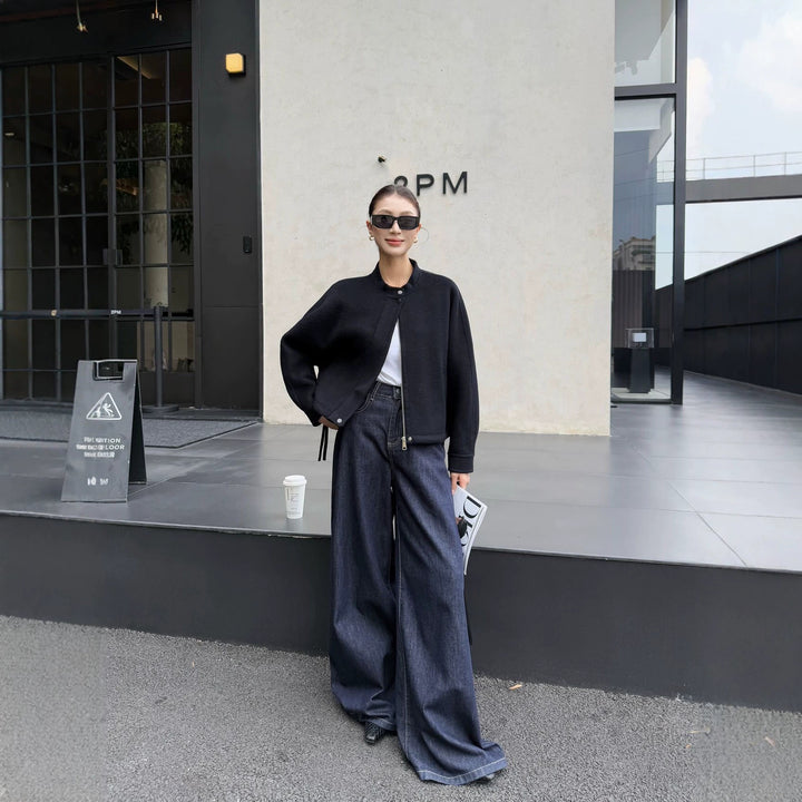 Women's short cut minimalist bomber jacket with stand-up collar Mune Fashion
