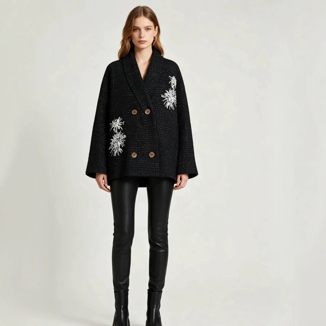 Women's Waffle Knit Cardigan with Double-Breasted Button Placket and Decorative Application Mune Fashion