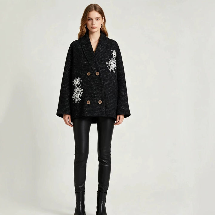 Women's Waffle Knit Cardigan with Double-Breasted Button Placket and Decorative Application Mune Fashion