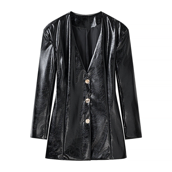 Women Patent Blazer-Mini Dress with Tailored Darts and Golden Decorative Buttons Mune Fashion