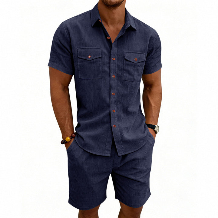 Men's structured cord leisure set with camp collar shirt and casual shorts Mune Fashion