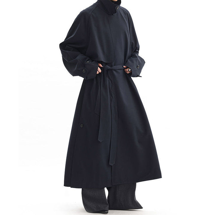 Ladies Fashionable Long Coat with High Neck Collar and Waist Belt Mune Fashion