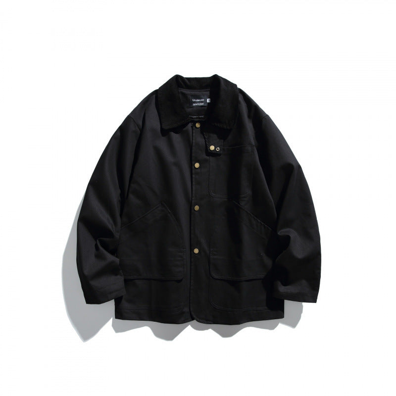 Men's Canvas Chore Jacket with Cord Collar and Snap Front Mune Fashion