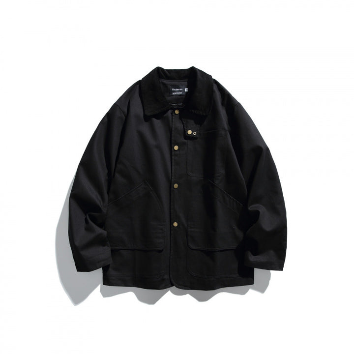 Men's Canvas Chore Jacket with Cord Collar and Snap Front Mune Fashion
