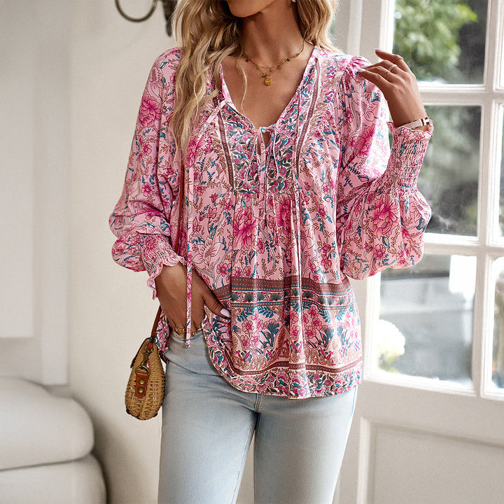 Women's loose Boho tunic with V-neck, tie belt, gathered sleeves, and floral pattern Mune Fashion