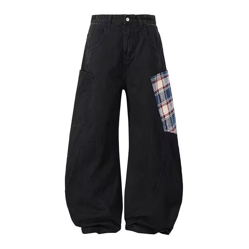 Women Wide-Cut Cargo Pants with Checkered Pattern Mune Fashion