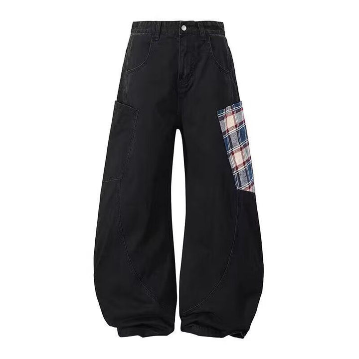 Women Wide-Cut Cargo Pants with Checkered Pattern Mune Fashion