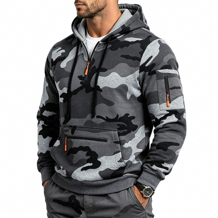 Men's Hoodie with Camouflage Pattern, Zipper Pockets and Kangaroo Pocket Mune Fashion