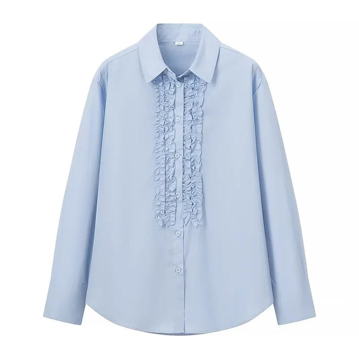 Women's Loose-Fitting Poplin Blouse with Ruffle Trim and Shirt Collar Mune Fashion