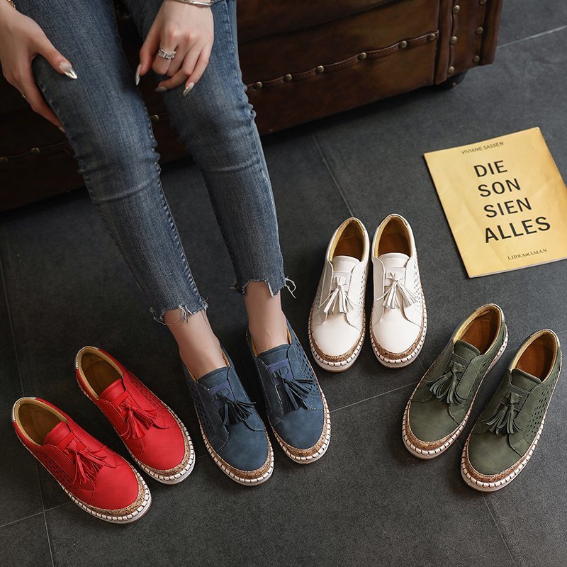 Women's Nano Perforated Slip-On Sneakers with Tassels, Cork Platform, and Decorative Hand Stitching Mune Fashion