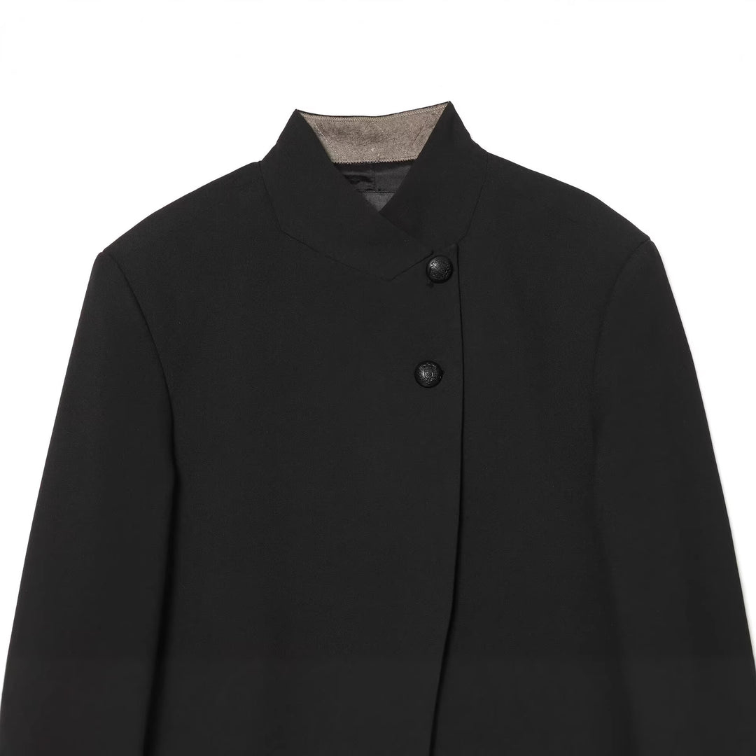 Women Tailored Short Blazer with Stand-Up Collar and Asymmetrical Button Placket Mune Fashion