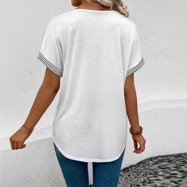 Ladies casual short sleeve shirt with deep V-neckline, striped piping and loose fit Mune Fashion