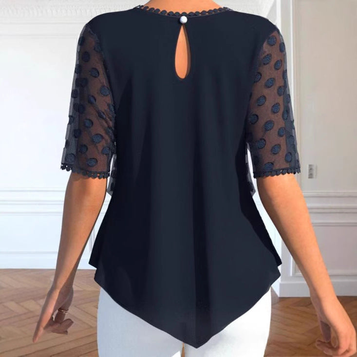 Women's elegant layered blouse with transparent tulle overlay, polka dot structure and asymmetrical pointed hem Mune Fashion