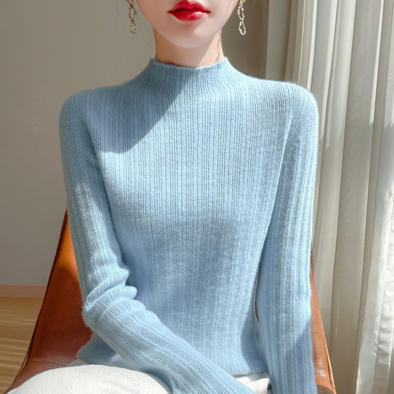 Women's slim-fit fine knit pullover with a short standing collar and fine ribbed texture Mune Fashion