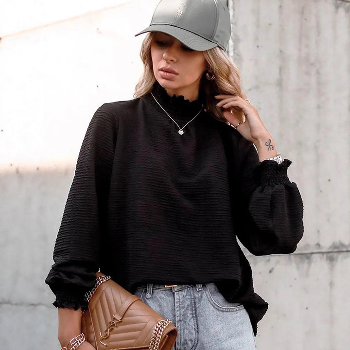 Women's long-sleeved structured blouse with gathered stand-up collar and smocked cuffs Mune Fashion