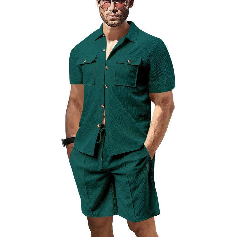 Men's structured short-sleeve shirt and bermuda set made of breathable cotton blend with chest pockets and drawstring Mune Fashion