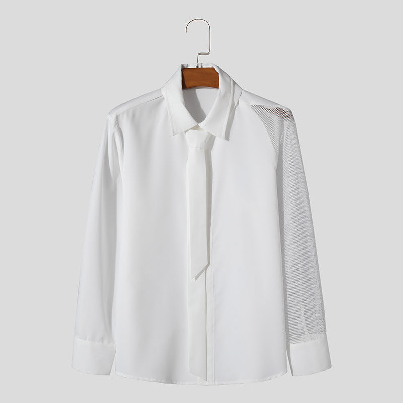 Women’s flowing blouse with attached bow, concealed button placket, and one-sided mesh sleeve detail Mune Fashion