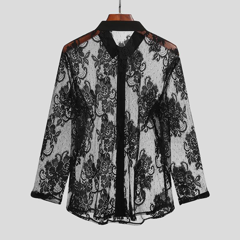 Ladies nan lightweight floral lace blouse with shirt collar and decorative button placket Mune Fashion