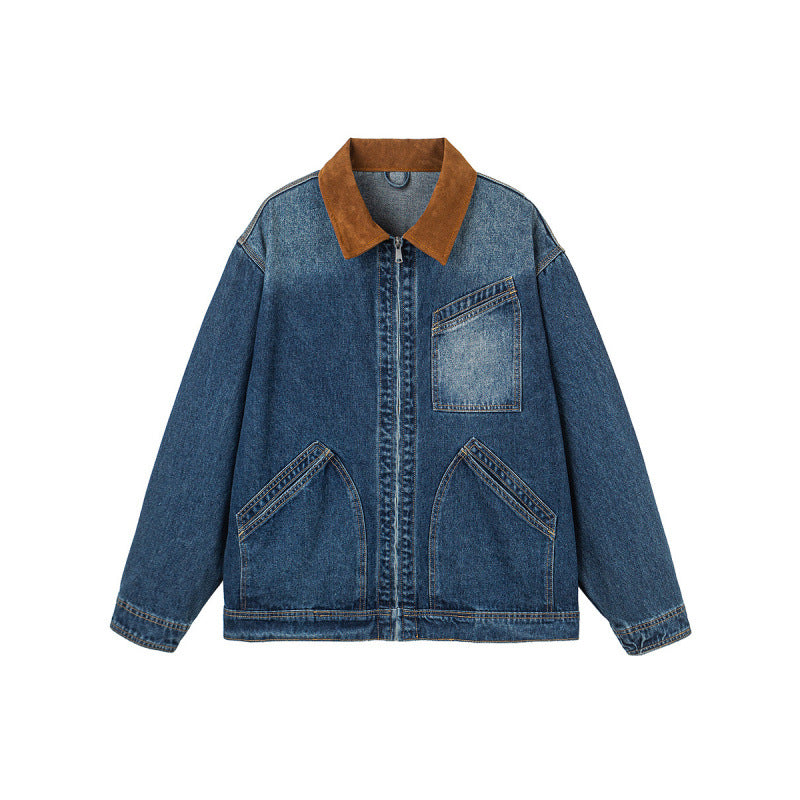 Men's Boxy Denim Jacket in Worker Style with Cord Collar and Front Zipper Mune Fashion