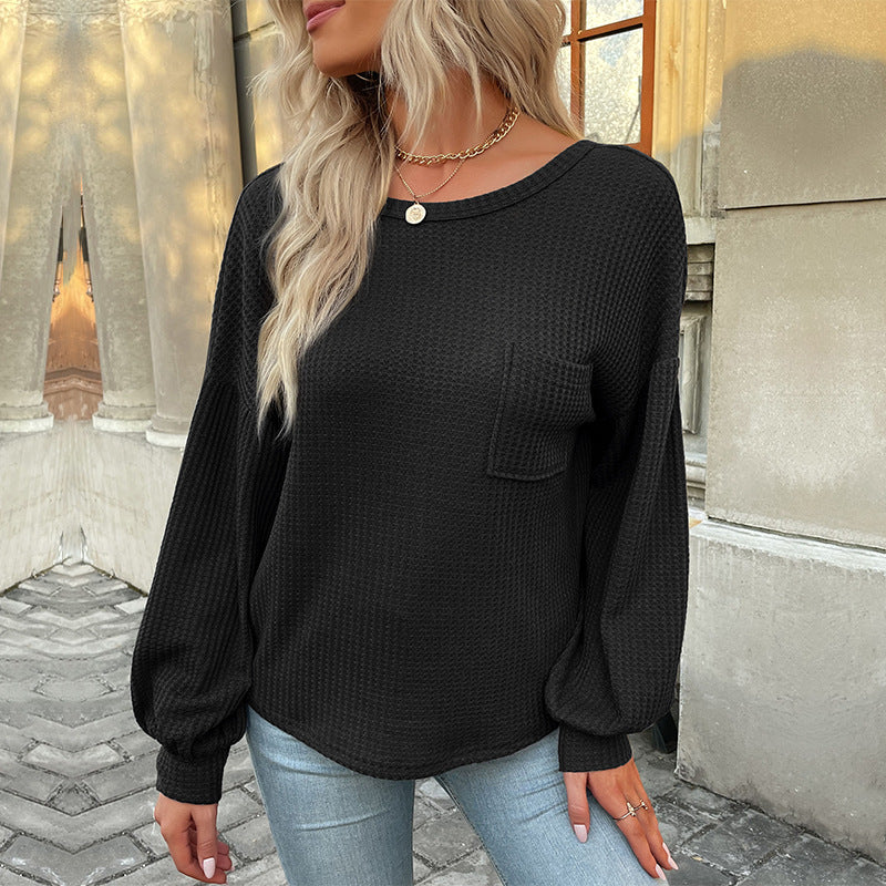 Women's waffle knit long-sleeve shirt with oversized chest pocket and balloon sleeves Mune Fashion