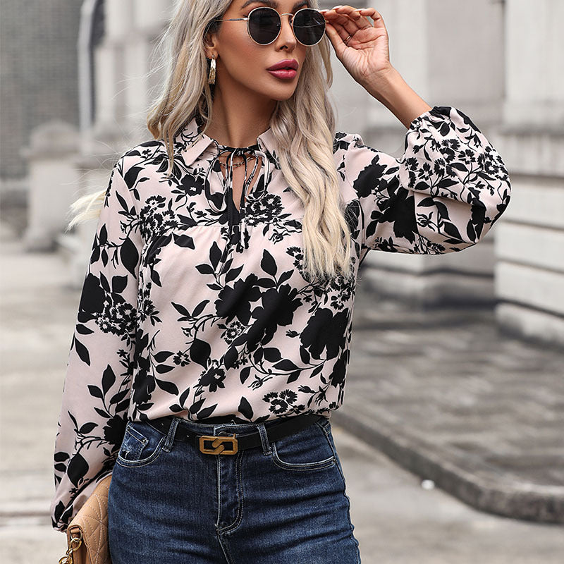 Women's Lightweight Viscose Fashion Blouse with Ties, Gathering, and Balloon Sleeves Mune Fashion