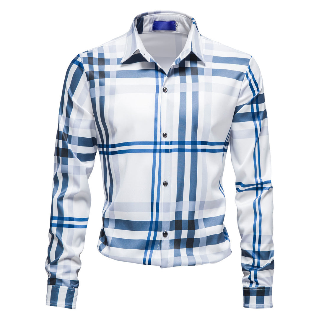 Men's Checkered Slim-Fit Business Shirt with Shark Collar and Fine Shine Mune Fashion