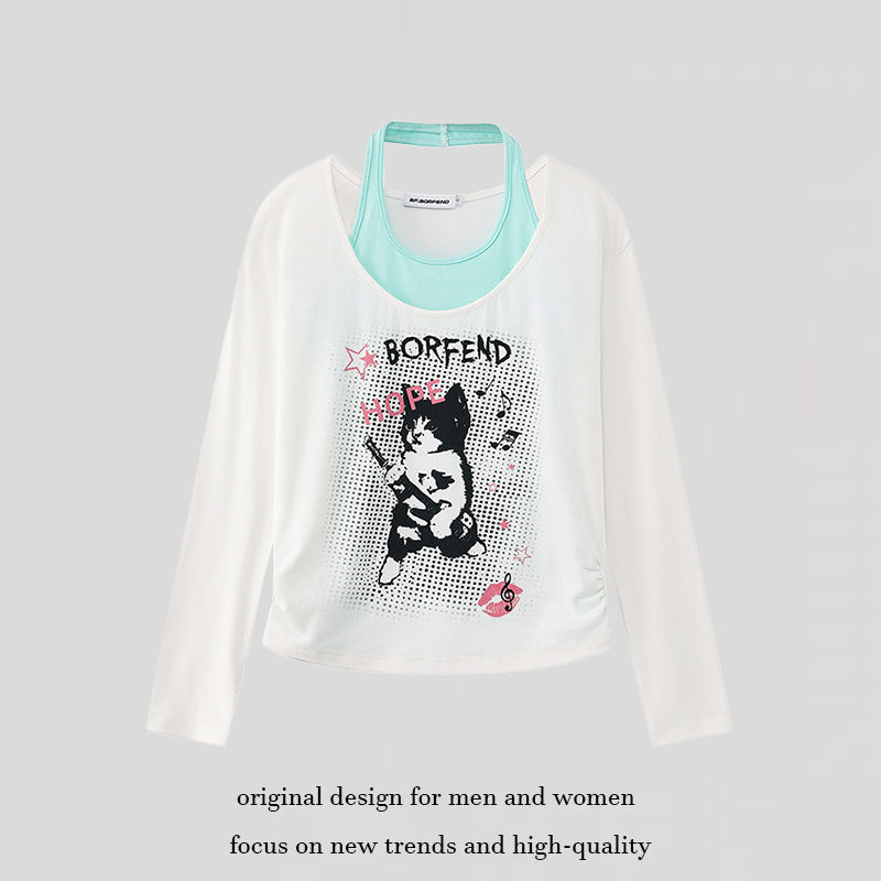 Ladies Layered Long Sleeve Shirt with Racerback Inner Layer and Cartoon Cat Print Mune Fashion