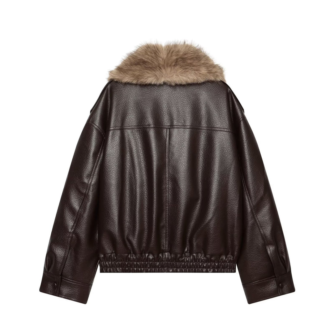 Women's Short Cut Biker Leather Jacket with Voluminous Faux Fur Shawl Collar Mune Fashion