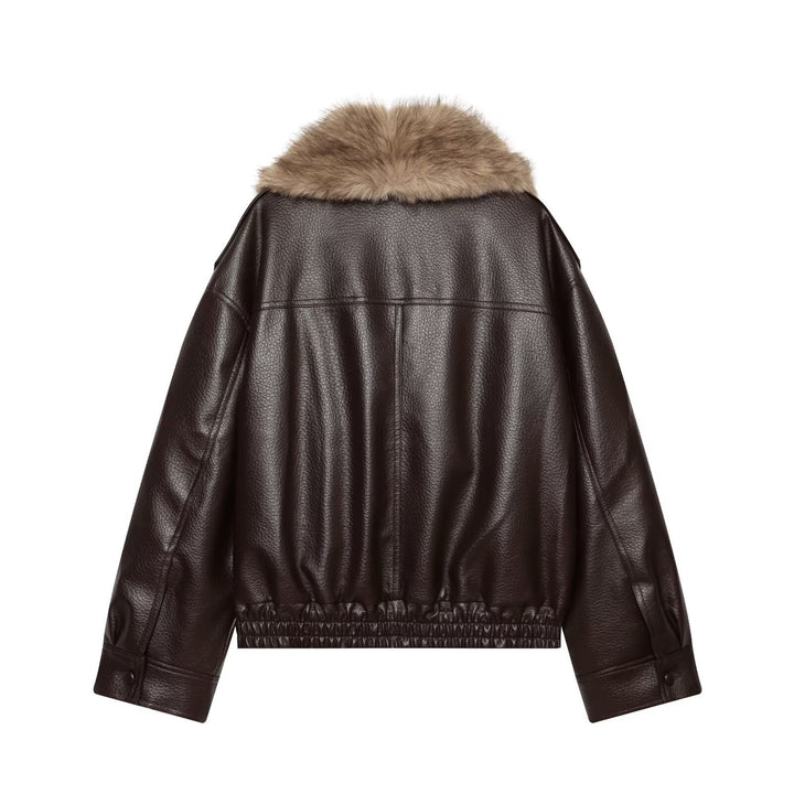 Women's Short Cut Biker Leather Jacket with Voluminous Faux Fur Shawl Collar Mune Fashion