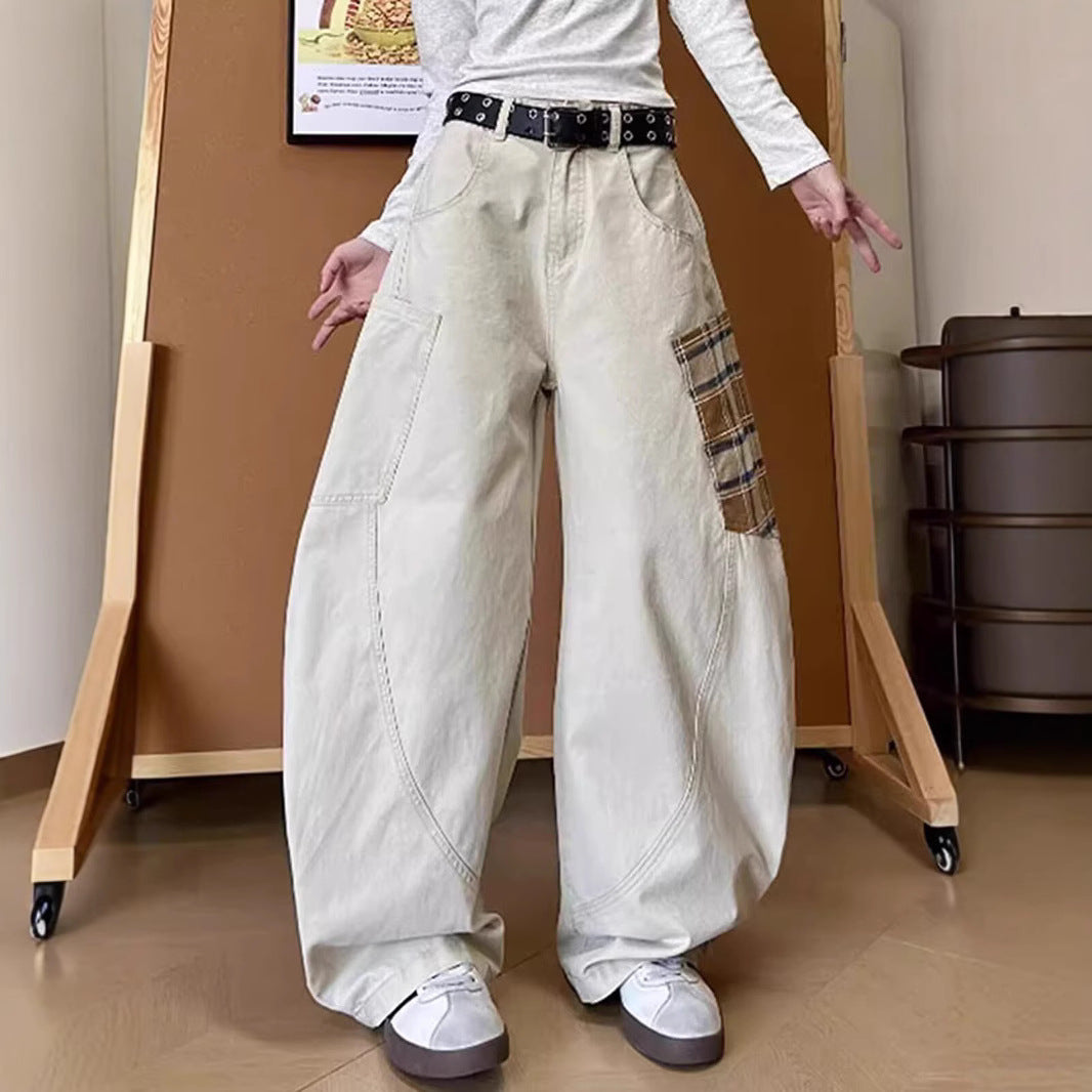 Women Wide-Cut Cargo Pants with Checkered Pattern Mune Fashion