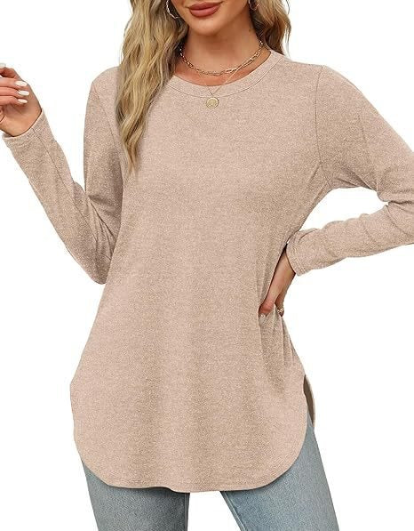 Women's Casual Long Sleeve Tunic Top with Round Neck, Side Slits and Watercolor Leaf Print Mune Fashion