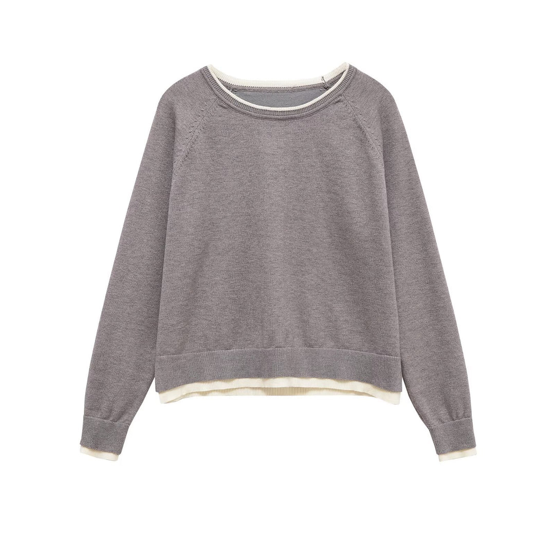 Women fine knit sweater with layer look, round neck and raglan sleeves Mune Fashion